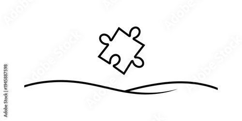 A simple line drawing of a single jigsaw puzzle piece floating above a curved horizon line. Vector, illustration