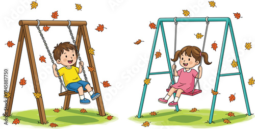 Happy boy and girl swinging on a playground set with falling autumn leaves, kids playing outdoors, fall season vector illustration.