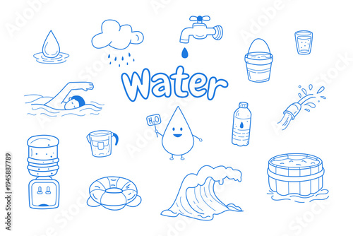 Water Doodle Set – Hand Drawn Water Icons and Elements Line Art Collection