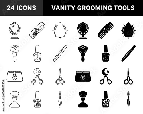 Hybrid beauty and grooming icons featuring unique symbolic merges including moon scissors celestial nail polish and hourglass vanity mirrors in line and solid styles