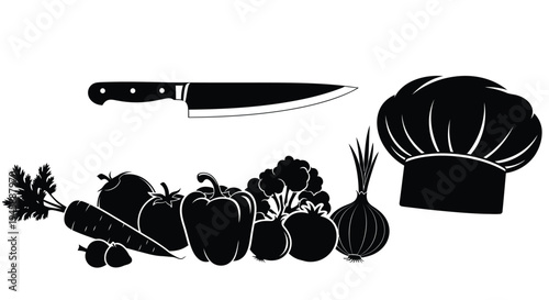 Culinary tools and fresh produce arranged in a striking black silhouette