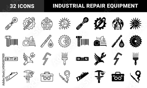 Abstract Hybrid Construction and Repair Symbols Merging Traditional Hand Tools with Conceptual Elements like Lightbulbs Gears and Mountains