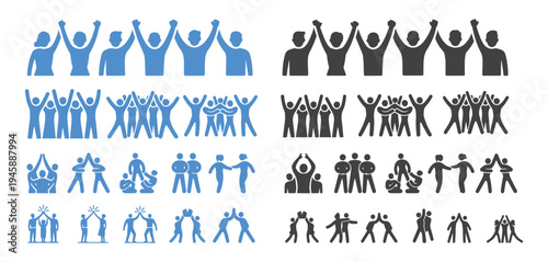 Diverse group of people celebrating with hands raised in various icon styles