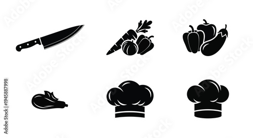 Black silhouettes of cooking tools vegetables and a chef s hat silhouette