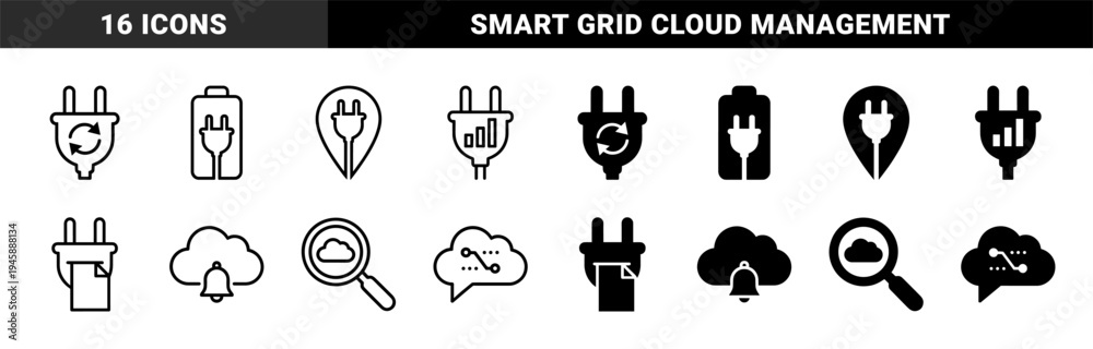 Obraz premium Hybrid energy and cloud computing conceptual symbols featuring electric plug integration with battery location pin and notification bell metaphors