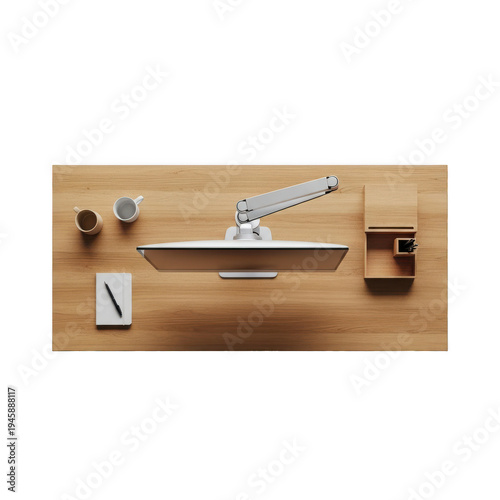 Minimalist wooden desk setup with laptop, tablet, and smartphone