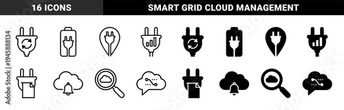 Hybrid energy and cloud computing conceptual symbols featuring electric plug integration with battery location pin and notification bell metaphors