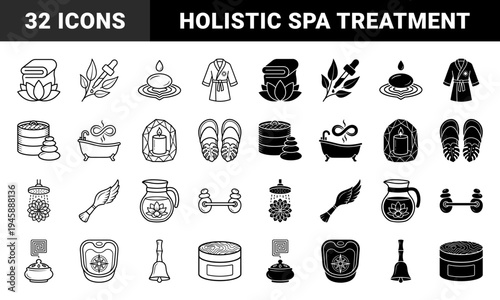 Zen Wellness and Holistic Spa Treatment Icons Featuring Hybrid Symbolic Motifs such as Lotus Towels and Infinity Bathtubs in Dual Line and Solid Styles