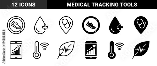 Biomedical and health monitoring hybrid icon set featuring stethoscopes with location pins and heart rate signals merged with organic leaf shapes