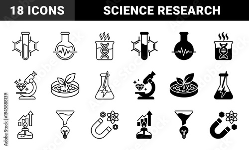 Minimalist hybrid science and laboratory research symbols featuring chemical structures test tubes dna beakers and microscopic analysis metaphors