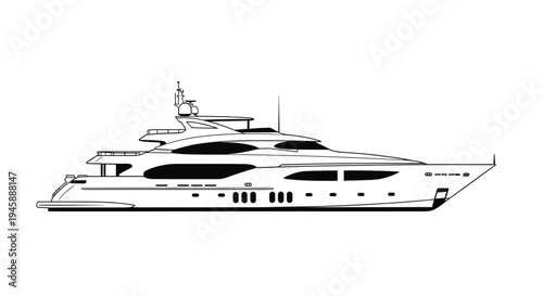 Detailed line drawing of a modern luxury yacht stark black silhouette