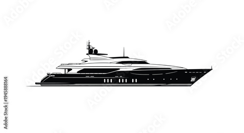 Detailed illustration of a large luxury yacht against a white background silhouette