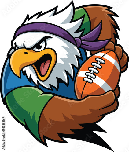 Cartoon eagle holding football, fierce expression, muscular wings, purple headband, blue green shirt, sports mascot, power, competition, athletic theme
