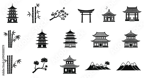 Japanese architecture and nature elements in a black graphic silhouette