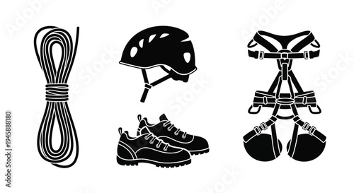 Climbing gear including rope helmet harness and shoes black silhouette
