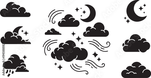 Various Cloud and Moon Weather Icons in Black Color