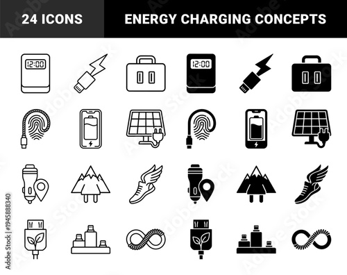 Hybrid electronic power and energy icons merging battery charging symbols with natural and physical metaphors like mountains leaves and wings