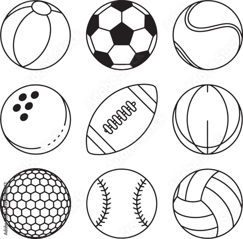 Collection of various sports balls icons on white background