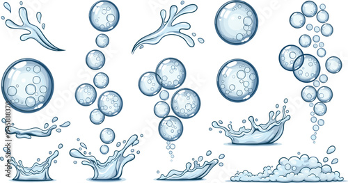 Water Splash and Bubble Elements Collection Liquid Drops Splashing Waves and Foam Vector Illustration Set