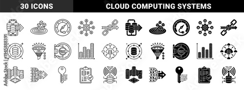 Data Management and Cloud Computing Hybrid Icons Featuring Database Integration Logic Analytics Processing and IoT Network Connectivity Systems