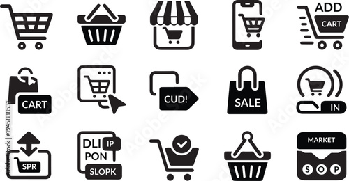 Shopping Icons Set. Cart, Basket, Store Bag and E-Commerce Purchase Symbols Vector