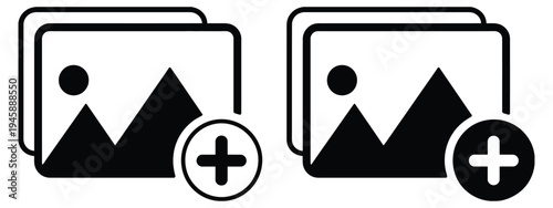 Add Image Icon Set, Upload Photo Symbols, Insert Picture and Media Gallery Icons Collection, Image Upload Interface Elements, Photo Library UI Icons for Web, Mobile and App Design.