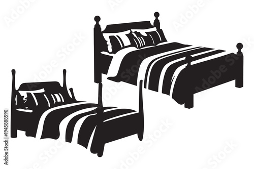 Two black and white striped beds with matching headboards and pillows