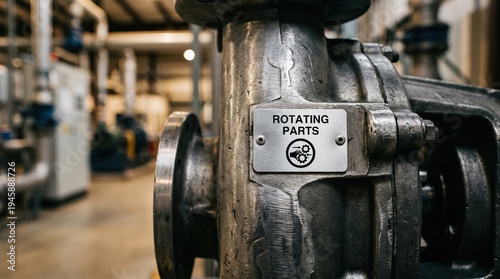 Wallpaper Mural Rotating parts warning sign on industrial metal machinery in factory environment with blurred background and warm lighting Torontodigital.ca