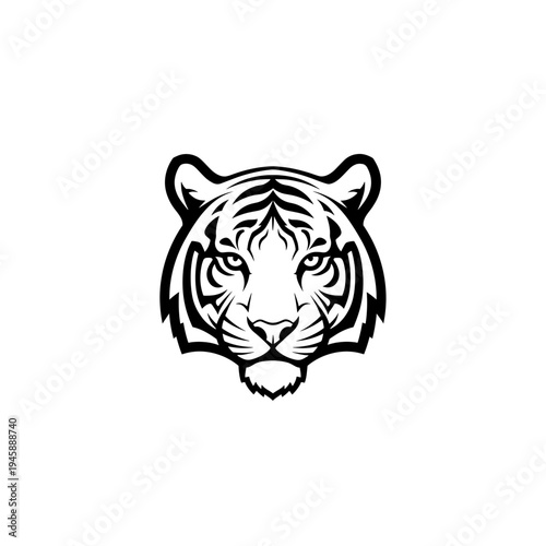A striking black and white illustration of a tiger's fierce face, showcasing its intense gaze and iconic striped pattern.