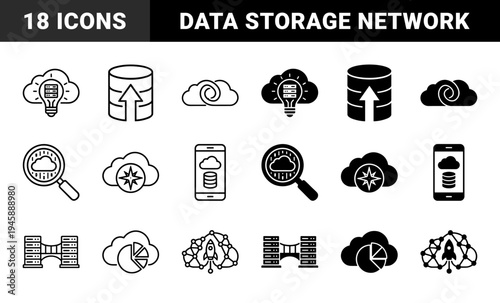 Cloud computing and data infrastructure icons featuring hybrid metaphors like server lightbulbs database arrows magnifying glass and rocket launch