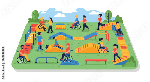 Accessible playground with kids and people with disabilities