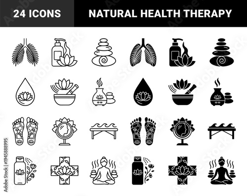 Wellness and holistic therapy icon set featuring hybrid designs of lotus flowers merged with lungs feet and massage equipment in solid and outline styles