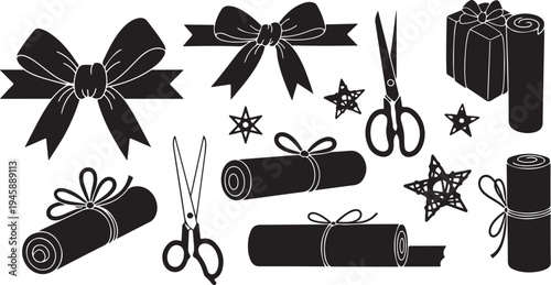 Black and white illustration of gift wrapping accessories set
