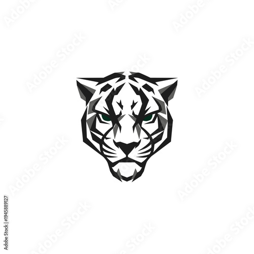 A striking geometric illustration of a tiger's head with piercing green eyes and sharp black and white stripes.