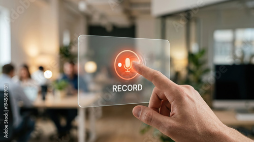 Wallpaper Mural Voice record hand finger technology office meeting digital interface button person workspace communication business modern glass touch control microphone start human interaction concept blurred Torontodigital.ca