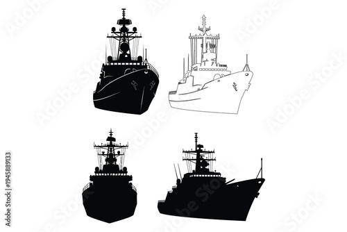 Four views of a military naval ship design