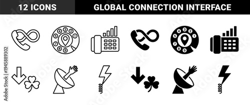 Communication and Connection Hybrid Symbols Featuring Telephone Receivers Merged with Infinity Signs Rotary Dials Satellite Dishes and Global Grids
