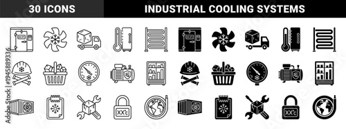 Industrial Refrigeration and Cold Chain Logistics Icons Featuring Hybrid Symbols of Cooling Systems, Freezer Storage, and Thermal Maintenance Tools