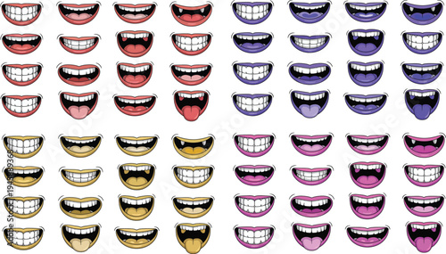 Cartoon Mouth and Smile Icon Set Vector Illustration with Various Expressions for Character Design