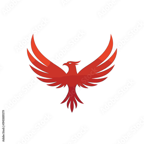 Vibrant red phoenix bird with majestic spread wings, symbolizing rebirth and power, on a clean white background.