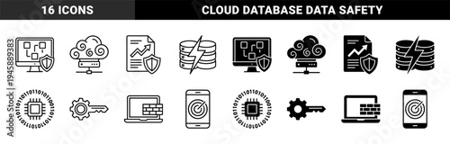 Cybersecurity and Network Data Protection Icons Featuring Shield Computer Monitor Cloud Server Database Bolt and Binary Microchip Hybrid Symbols
