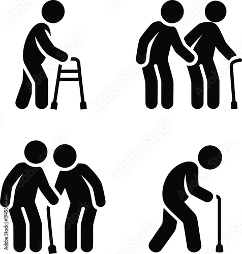 Illustrations of elderly individuals using mobility aids with assistance