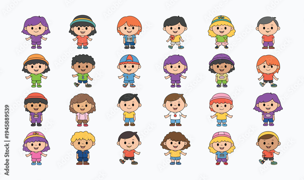 Obraz premium Cartoon Children Character Set with Diverse Little Boys and Girls in Colorful Outfits for Kids' Education and School Graphic Design