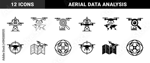 Professional drone inspection and data analysis icons featuring hybrid designs with power lines world maps magnifying glasses and mapping data