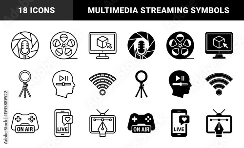 Hybrid digital media and content creation icons merging cinema film reels with wireless signals and microphone apertures in outline and solid styles