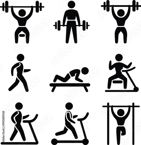 Collection of nine different workout and exercise icons