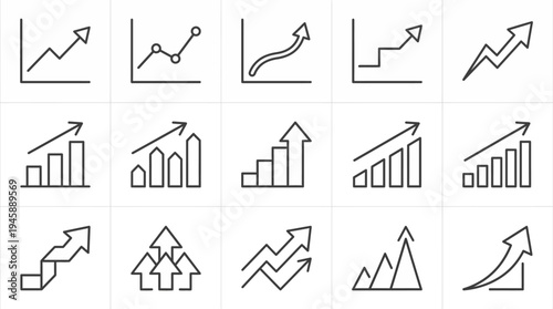 Dynamic collection of outline vector icons symbolizing business growth, financial progress, upward market trends, and data analysis visualizations for professional use