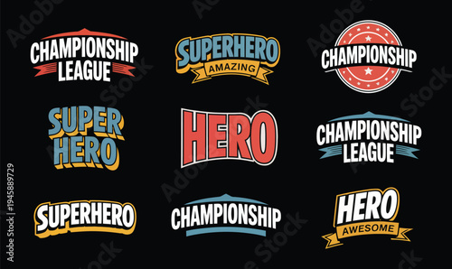 Championship League and Superhero Badge Collection with Vintage-Style Shield Logos and Colorful Athletic Emblem Designs on Black Background