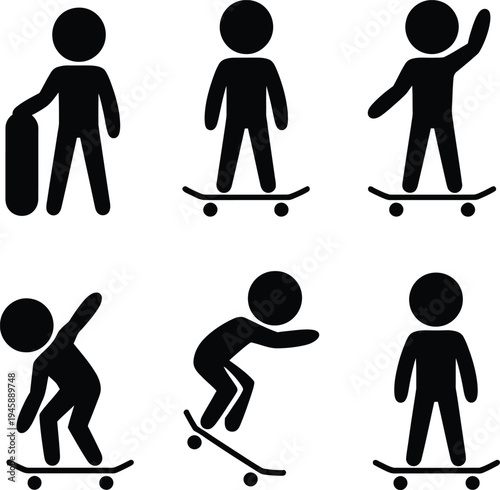A sequence of stick figure actions performing skateboard tricks and gestures