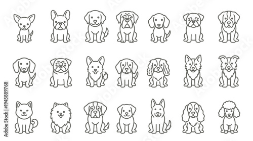A charming collection of diverse dog breeds illustrated in a minimalist line art style, showcasing various shapes and sizes